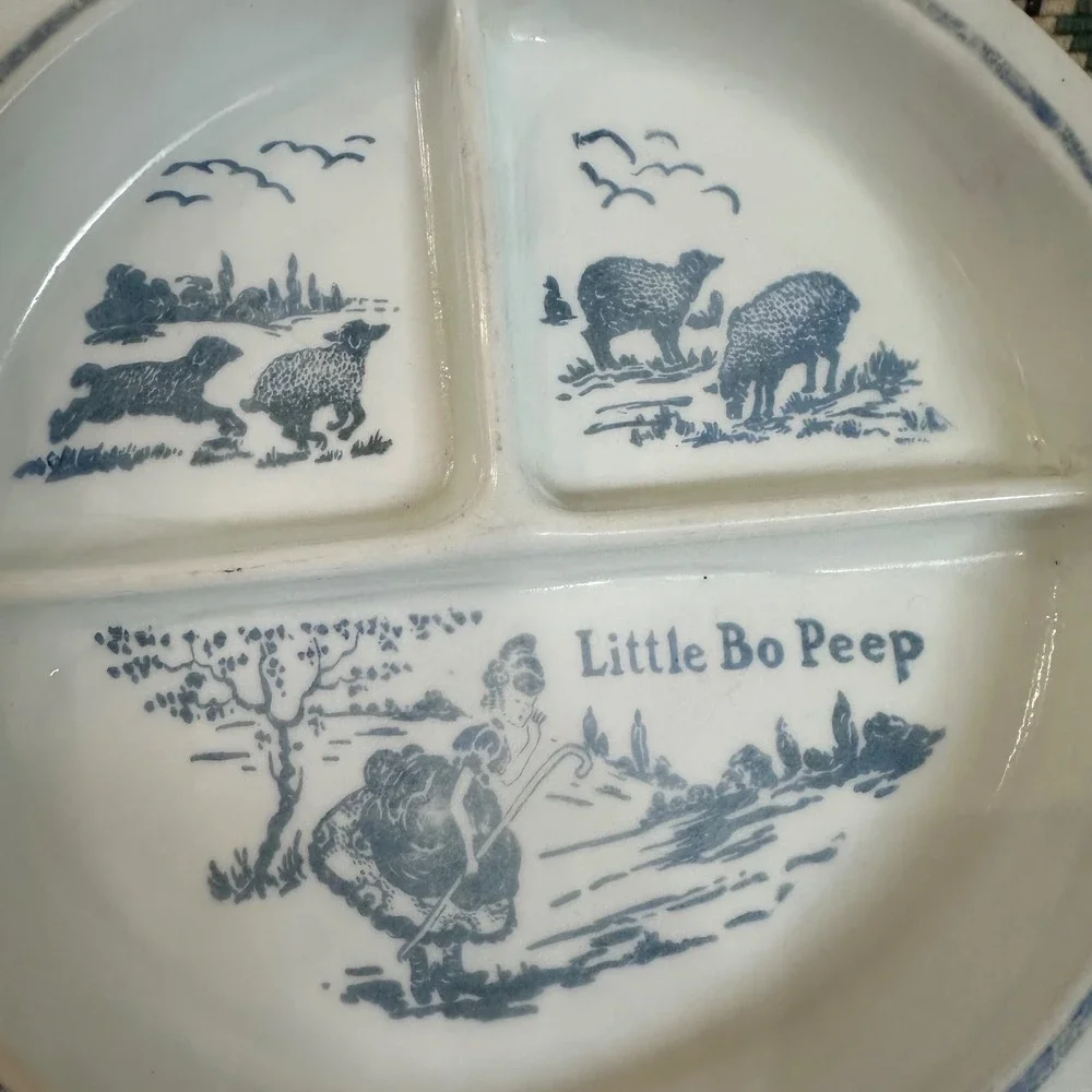 Vintage Vitrock Milk Glass Little Bo Peep Divided Baby Plate Blue White 8 Inch